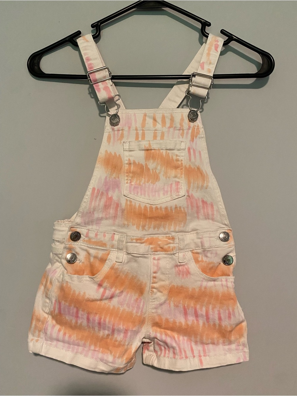 Primark Cares Tie Dye Denim Short Overalls Girls Size 5-6 Years Peach Pink